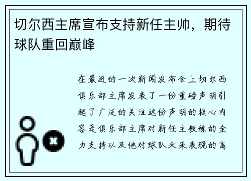 切尔西主席宣布支持新任主帅，期待球队重回巅峰